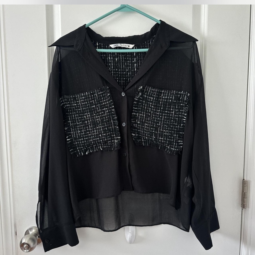 Zara Black Sheer Button-Down Shirt with Tweed Accents